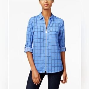 MICHAEL Michael Kors Full Zip Roll Tab Shirt Blue Plaid Gold Chain Women's Large